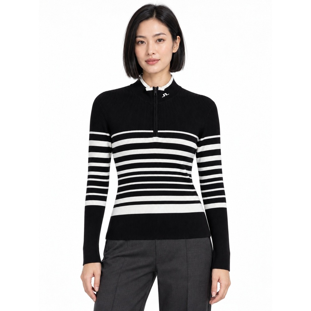 J.Lindeberg Cheryl Knitted Zip Sweater Black White Striped Quarter Zip Mock Neck